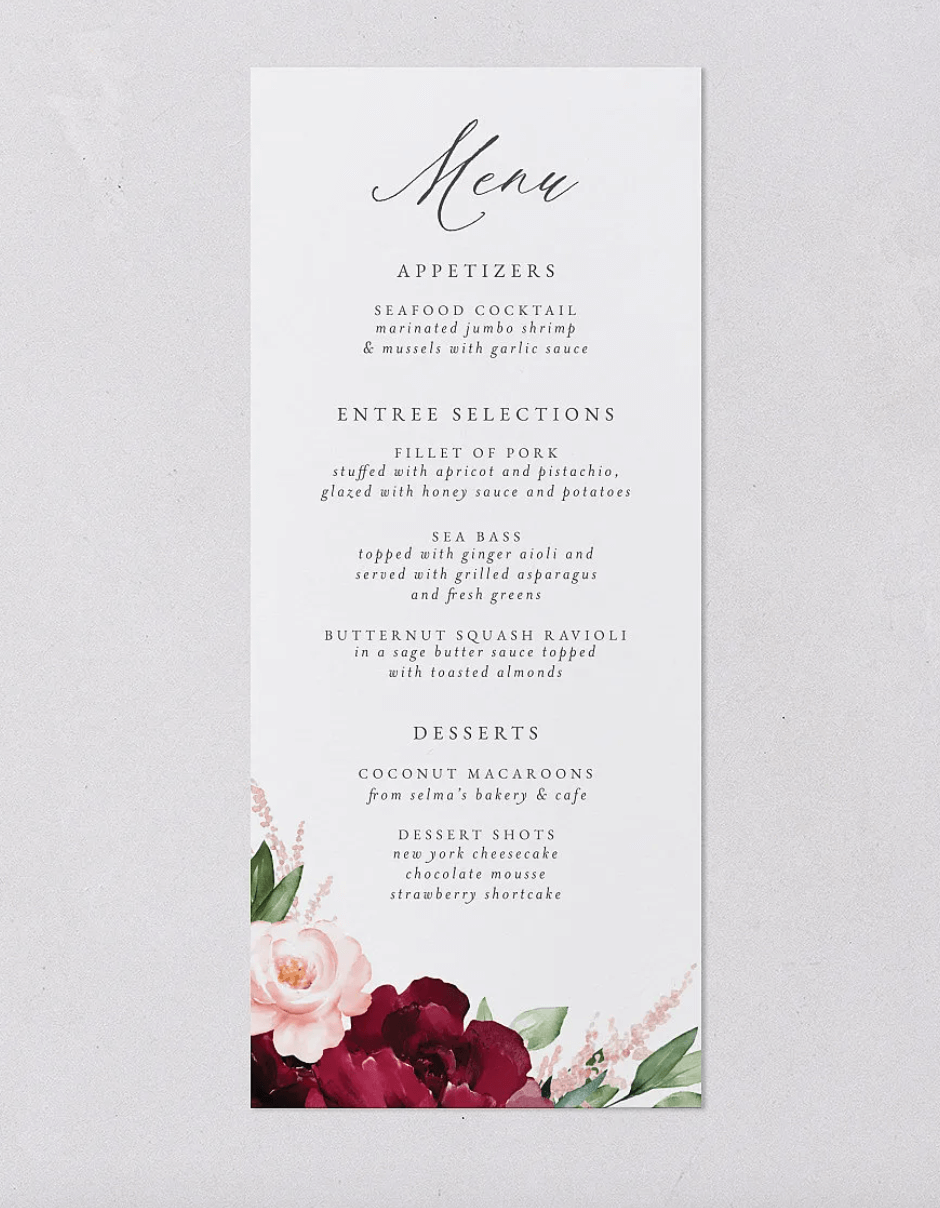 menus wedding paper products